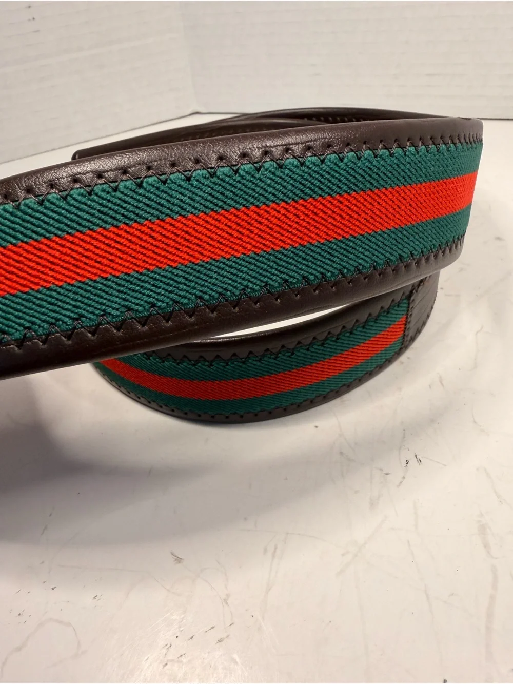 Brown Leather and Web Stripe Elastic Belt with Square Buckle  Size 39 inches